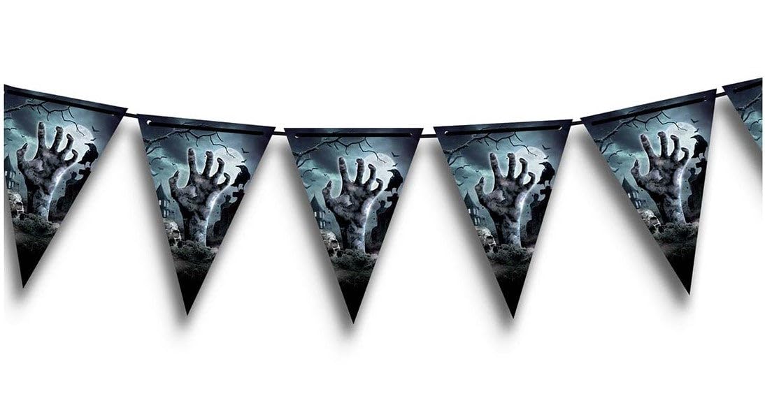 FIESTAS GUIRCA | Cemetery Pennant (10 ft/7.9x11.8 in) - Paper Decoration for Spooky Halloween Parties - Ideal for Frightening Celebrations - Grey