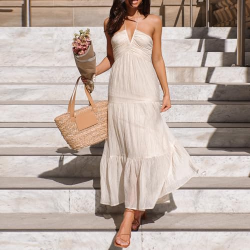 Image of Owl's-Yard Women Ruffle Spaghetti Strap Dress Sexy Backless Tiered Flowy Sundresses Boho Beach Long Dress Clubwear (M-03, M)