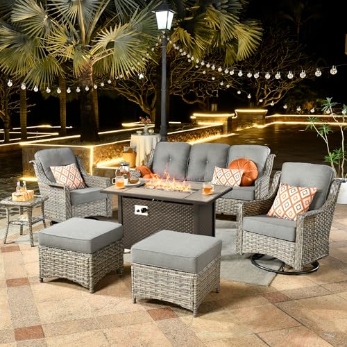 ovios Outdoor 7 Piece Patio Furniture with Fire Pit Table,Wicker Coversation Set with Swivel Rocking Chair,Comfy Sectional Deep Sofa with Ottoman for Outside Porch Balcony Backyard Pool,Dark Grey