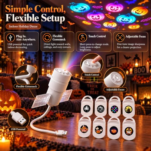 Christmas Holiday Projector Lights Indoor with 8 Films, USB Design 360°Adjustable Plug and Play Holiday Projector Night Light，Halloween - image 3