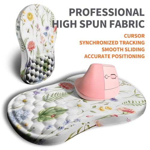 Image of Ergonomic Joint Wrist Support Mouse Pad with Memory Foam Cushion Massage Bump, Carpal Tunnel Pain Relief Mousepad Slope Design for Wrist Rest, 11.8x7.9 in, Bee Butterfly Flower