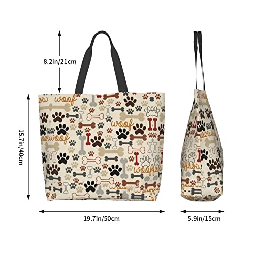 Bxuoe Dog Bones Paw Prints Canvas Tote Bag Large Women Reusable Beach Bags Shoulder Bag Handbag Waterproof For Travel Grocery Shopping, One Size #TOP5