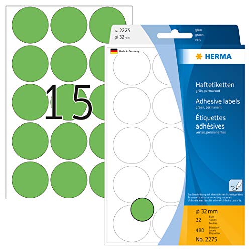 HERMA 2275 Punktaufkleber Klebepunkte grün, 480 Stück, Ø 32 mm, 15 pro Bogen, selbstklebend, Markierungspunkte für Kalender Planer Basteln, matt, blanko Papier Farbpunkte Aufkleber