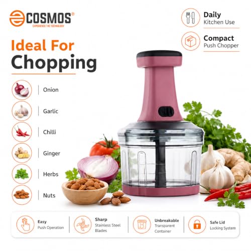 Image of E-COSMOS Food Chopper 800ml, 4 Blade Steel Large Manual Hand-Press Vegetable Chopper Mixer Cutter to Cut Onion, Salad, Tomato, Potato (Dusty Blush)
