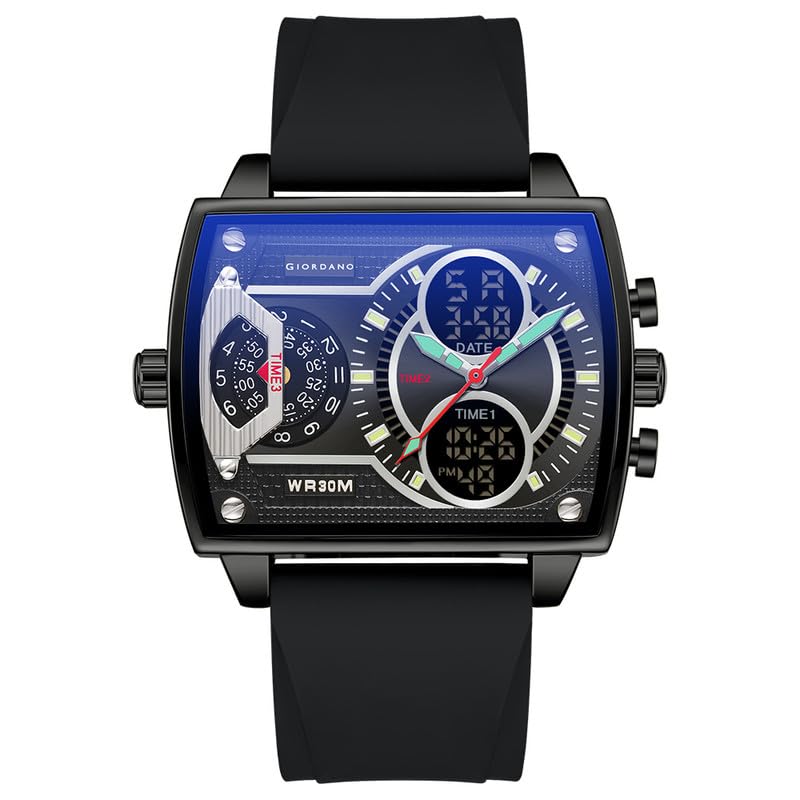 Image of Giordano Square Hybrid Analog-Digital Watch for Men - Triple Time Zone Display with Quartz Precision and Durable Sport Grade Silicone Strap - GZ-50161