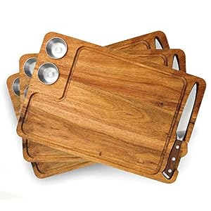 Image of Yukon Glory Steak Board for Serving Steak, Meat, and Poultry in Style, Premium Acacia Wood, Includes Sauce Cups and Steak Knife, 3 Pack