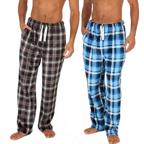 INSIGNIA 2 Pack Mens Fleece Check Pyjamas Lounge Pants Bottoms (M, SET 1)