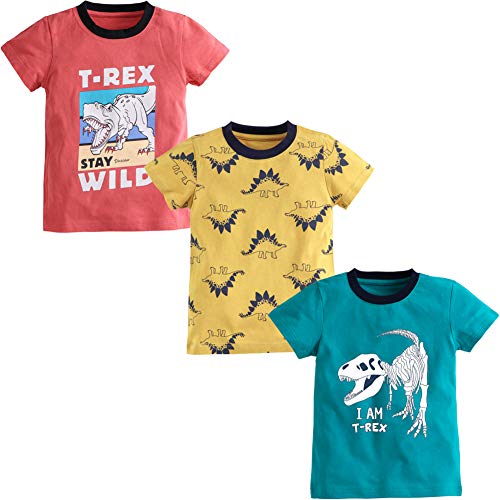 Toddler Little Boys Clothes Short Sleeve Crewneck 3-Pack T-Shirts Top Tee Size for 2-7 Years (3T, T-REX)