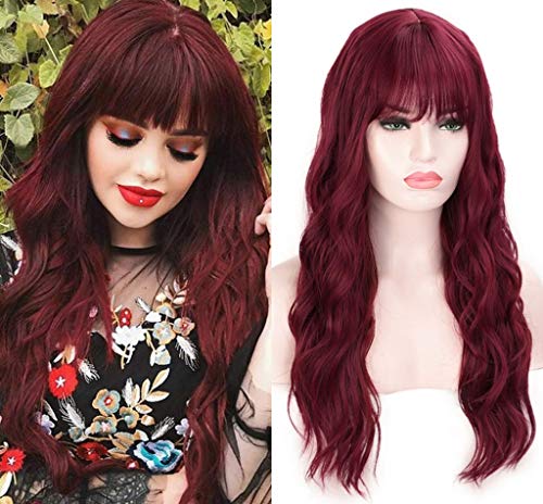 WIWIWIG Long Wavy Wig with Bangs Synthetic Wigs, Burgundy Wig with Bangs Silky Full Heat Resistant Synthetic Wig for Women Daily Party 22inch (burgundy)