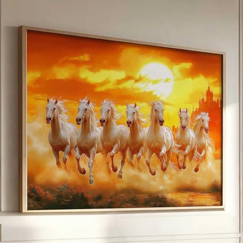 Image of HOTHOUSE Seven Running Vastu Lucky Horse Rising Sun Painting Wall Decor | 7 Horses Vastu Frame Wall Art Painting for Living Room Bedroom Office Home Decor Size (13X17 inch)