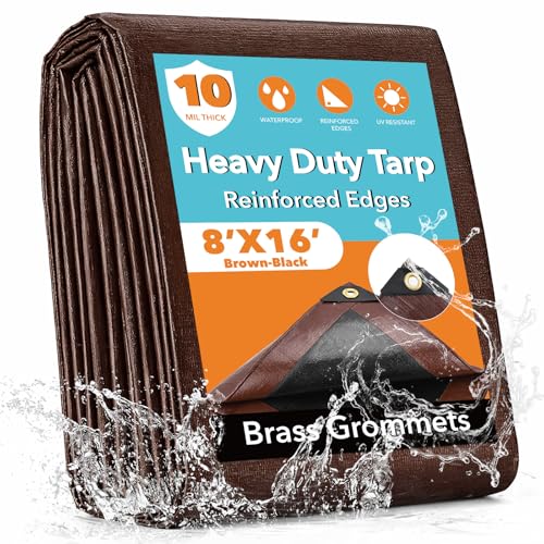 8x16FT Waterproof Tarp Yumatum 10 Mil Heavy Duty Tarps with Reinforced Edges/Brass Grommets 100% UV Blocking/Tear Resistant Poly Tarp for Camping Patio Tent Boat(Brown/Black)