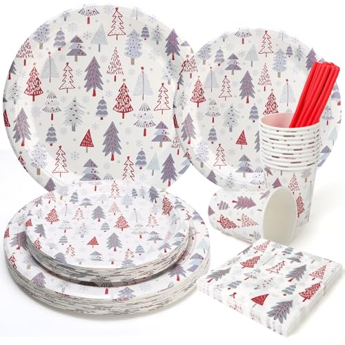 PARTY GO 125 Pezzi Piatti Natalizi Usa e Getta, Piatti Carta e Bicchieri Tovaglioli Natalizi Motivo Albero di Natale Bianco Stoviglie Monouso per Feste Servizio da 25 Persone
