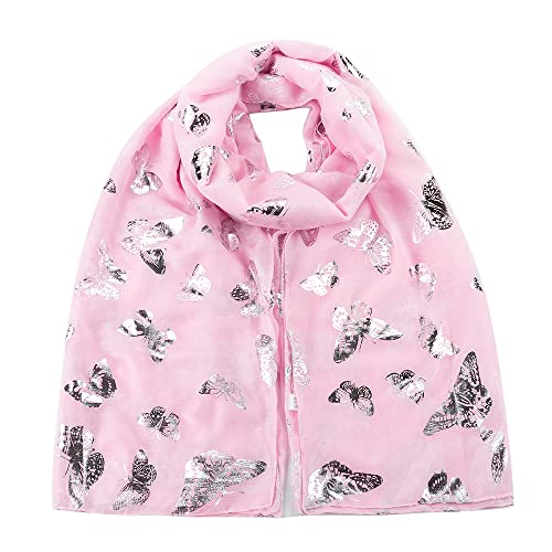 Image of London Scarfs New Ladies Women's Glitter Foiled Flamingo,Swallow Birds & Butterfly Print Scarfs (New Glitter Butterfly Baby Pink)