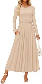 Women's Elegant Long Sleeve Maxi Dress 2025 Fall Crewneck Knit High Wasit Pleated Flowy A Line Casual Party Dresses