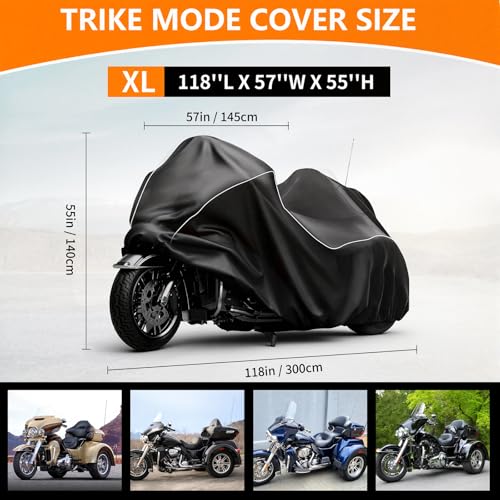 Image of COVERVIN Trike Cover Waterproof, Heavy Duty 3 Wheel Motorcycle Cover for Harley Honda Goldwing Freewheeler Tri Glide Ultra, with Antenna Zipper, Windproof Buckles & Reflective Strips (Black)