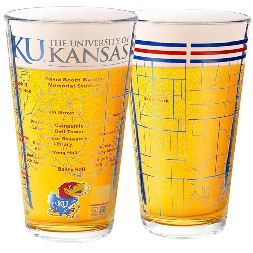 Greenline Goods – University of Kansas Jayhawks College Pint Beer Glasses (Set of 2), 16 oz – Full-Color Logo + Campus Map