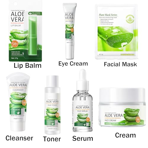 Rosarden 8Pcs Aloe Vera Skin Care Set - Face Care Kit With Cleanser, Mask, Toner, Serum, Lip Balm, Eye Cream, Moisturizer for Women Girls
