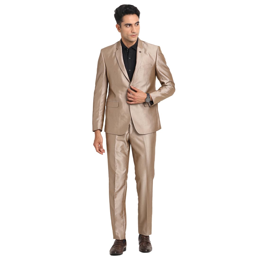 Men Terylene Rayon Tailored Fit Brown Formal Suits (2 Piece)