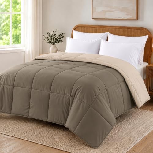 Image of Modern Threads Comforter Duvet Insert, Reversible Quilted Down Alternative Comforter with Corner Tabs, All Season Bedding, California King, Taupe /Champagne