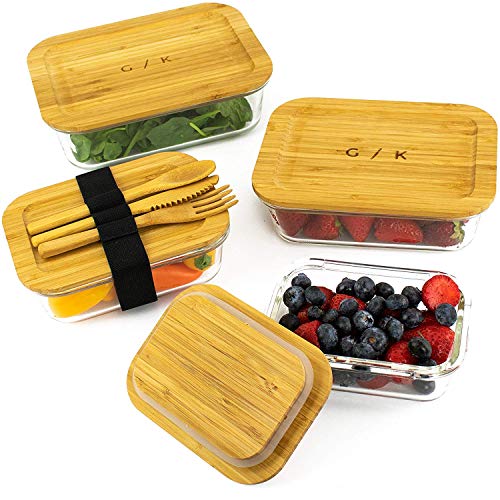 Glass Food Storage Containers with Eco Friendly, Sustainable Bamboo Lids, Set of 4. Plastic Free, BPA Free. Includes Bamboo Cutlery & Adjustable Wrap. Glass Bento Box Great for Meal Prep (assorted) - Thumbnail 4