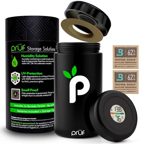 Prūf Controlled Environment Airtight Storage Jar with Hygrometer – UV-Protected Glass Container for Coffee Beans, Tea, Spices & Aromatic Goods – Locks in Freshness – Includes Humidity Packs – 500ml