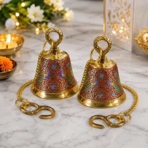 Image of CraftVatika Brass Wall Hanging Bell Ghanti Set of 2 for Pooja Decoration Mandir Home Temple, Pooja Decorative Items, Ghanti Bell with Deep Sound, Puja Bell with Chain and Hook (20 Inch Height)