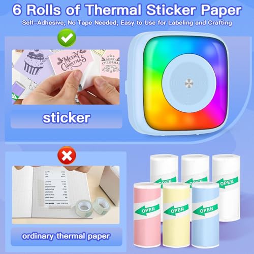 Image of Mini Printer Sticker Printer Print Pod with 6 Rolls Sticker Paper, Seven Color Lighting Modes for DIY Scrapbook, Travel, Notes, Label, Memo, Compatible with iOS&Android