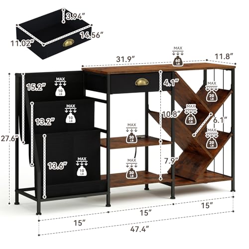 ELECWISH Record Player Stand with Vinyl Storage, 4-Tier AV Media Cabinet with Drawer, Stereo Racks with LED Light and Power Strips, Corner Entertainment Center, Rustic Brown - Thumbnail 2