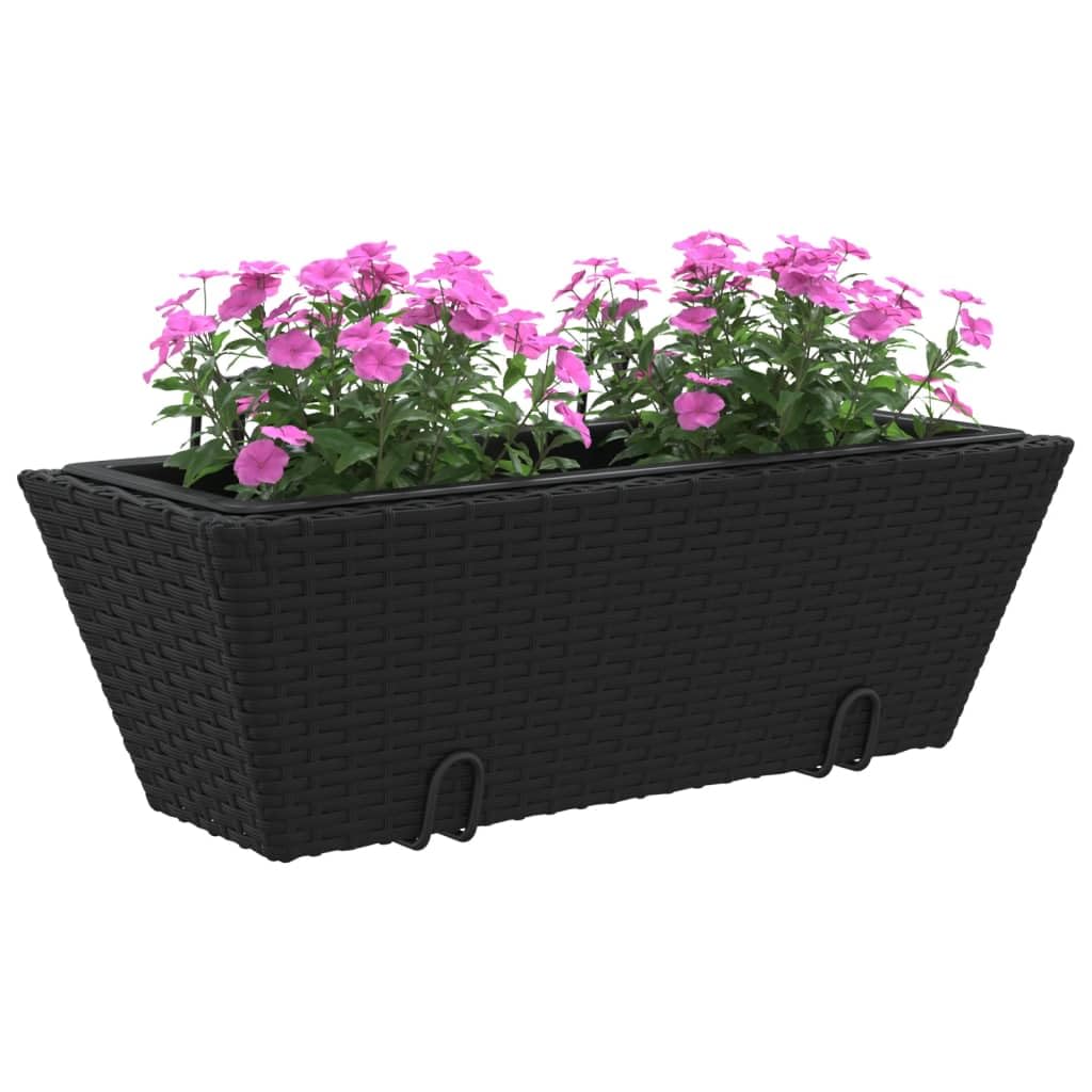 Pflanzkasten mit Haken 2 STK Schwarz Poly Rattan mit Kunststofftopf 54x22x18 cm Balkonkasten für Balkon Terrasse Garten mit Stabiler Stahlhalterung und platzsparender Aufhängung