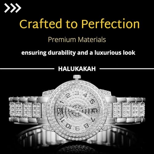 Image of Halukakah Diamonds Watch Iced Out for Boy Teens Kids - 18K Real Gold /Platinum Plated,Arabic Numerals Round Dial,Japanese Quartz - 7.7 inch Length - Optional with Cuban Link Chain - for Birthday,Parties