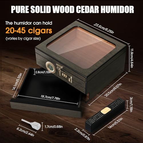 Image of Tesonway Cigar Humidor,Cedar Wood Humidor Cigar Box,Glass Top Desktop Humidor with Digital Thermo-Hygrometer, Humidifier, Divider, Accessories Drawer and Combination Lock,Cigar Gift for Men