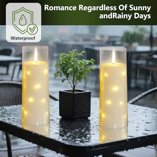 Image of kakoya 11 inch x 4 inch Large Outdoor Waterproof Flameless LED Candles with Remote and Timer,Acrylic Pillar Candles Battery Operated with Embedded Star String for Porch,Patio,Outdoor Decor,Set of 2(Ivory)