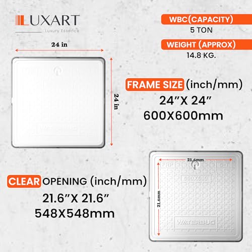 Image of LUXART 24x24 Inch Square FRP Manhole Cover | 5 Ton Capacity FRP Lightweight Chamber Lid | Weatherproof and Heat Resistant Cover for Water Tanks, Sumps, and Drainage Systems