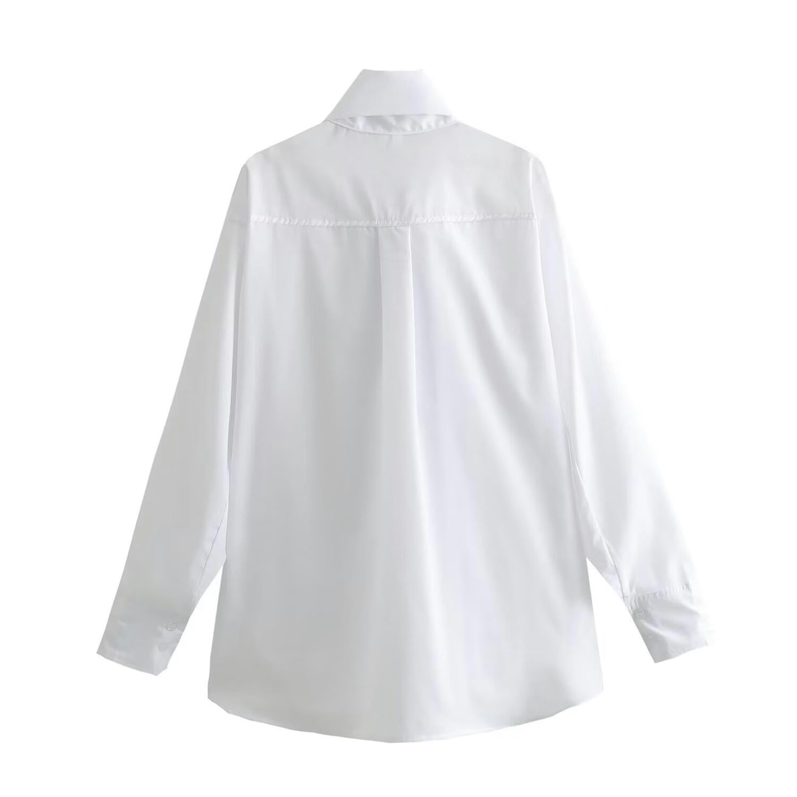 Camicia in Popeline Bianco Serie Casual dal Nuovo Temperamento Primaverile con Decorazione a Fiocco-Bianco-XS