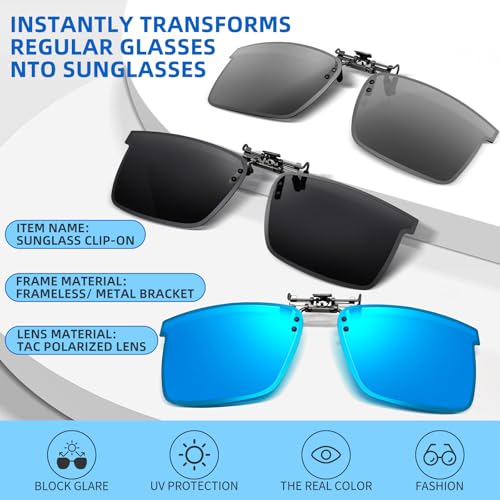 3pc Polarized Unisex Clip on Flip up Sunglasses over Prescription and Reading Glasses Frames Blue&Grey&Silver Color3