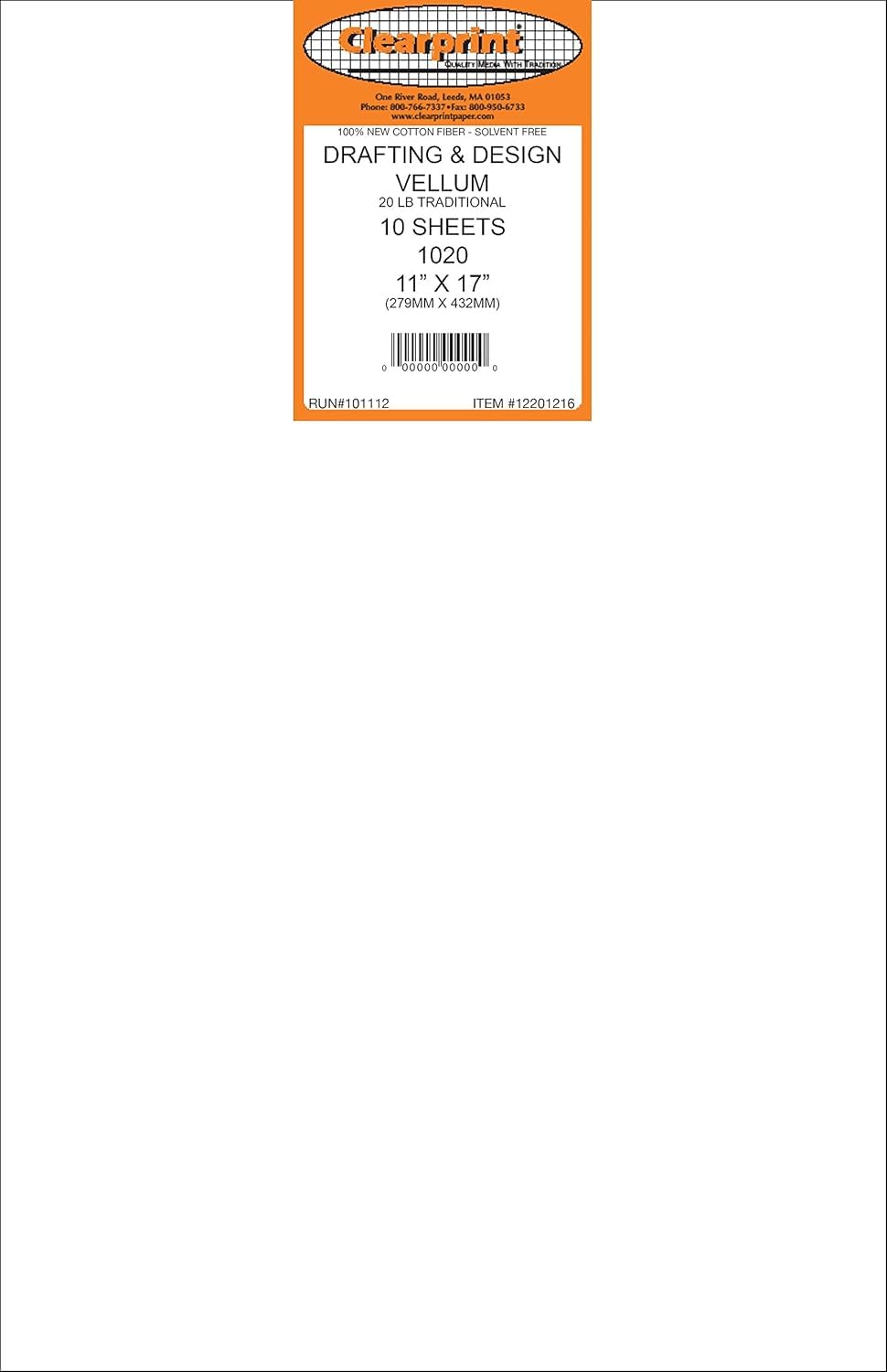 CLEARPRINT 11" x 17" 1020H Design Vellum Sheets, 20 lb., 100% Cotton, 10 Sheets Per Pack, 1 Each