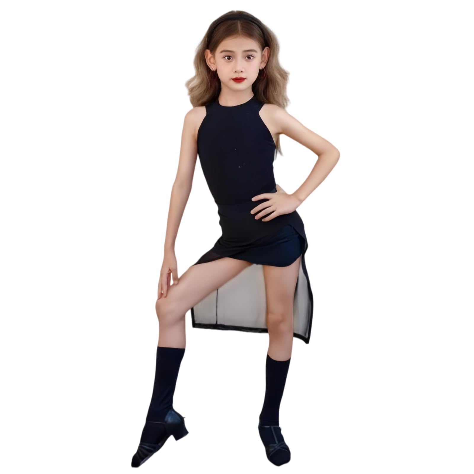 Completo Danza Latina Due Pezzi per Ragazze, Abbigliamento Ballo per Bambini | Top Da Danza Senza Maniche Scollo Rotondo Gonna Asimmetrica Per Salsa Cha Cha Rumba Tango Competizioni Allenamento