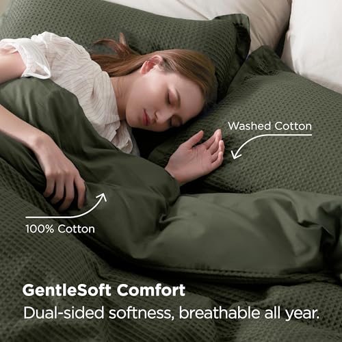 Image of Bedsure Cotton Waffle Duvet Cover Set with Fitted Sheet, King, Olive Green | Waffle Texture, Breathable, Skin-Friendly, OEKO-TEX Certified, Good Housekeeping Seal, All-Season, Machine Washable