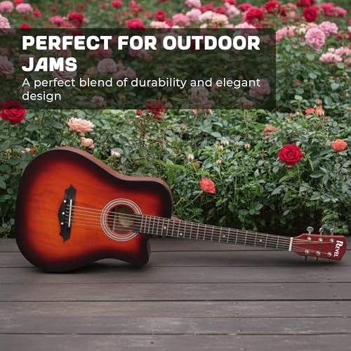 Image of Revel 38 Inch Acoustic Guitar Cutaway Wooden Guitar with High-Gloss Finish, Steel Strings, Smooth Tuning Pegs, Includes Carry Bag, Picks & String Winder for Adults (Sunburst)