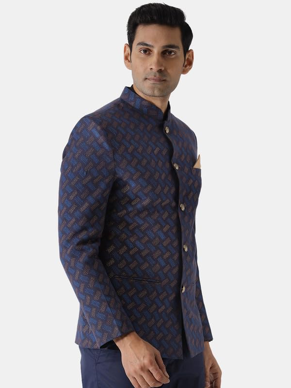 Image of KISAH Men's Sherwani, Indo-Western Blue Cotton Blend, Printed Regular Fit Mandarin Collar Long Sleeves