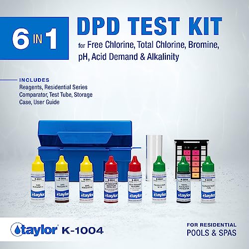 Image of Taylor K-1004 DPD, 6-in-1 Pool Test Kit for for Free & Total Chlorine, Bromine, pH, Acid Demand, Total Alkalinity, 100+ Tests, Quick & Easy for Pools & Spas | Made in The USA