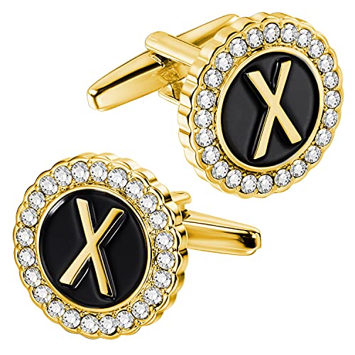 HAWSON A-Z Initial Cufflinks for Men and Women with Clear Crystal, Gold Silver Color Rasied Letter A-Z Cuff Links for French Shirt, Gift for Normal and Business Wearing