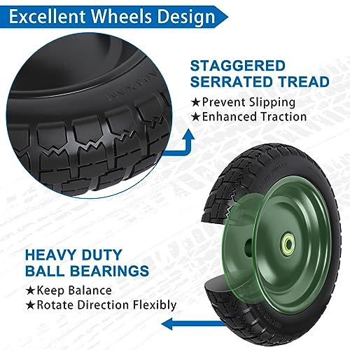Image of 13 Inch Flat Free Wheels Tires 4.00-6 Solid Replacement with Universal 5 /8 inch Axle Bore Hole, 16 Spacers and 8 Pins, for Wheelbarrow, Garden Wagon, Hand Truck, Trolley, Lawn Mower, 4 Pack