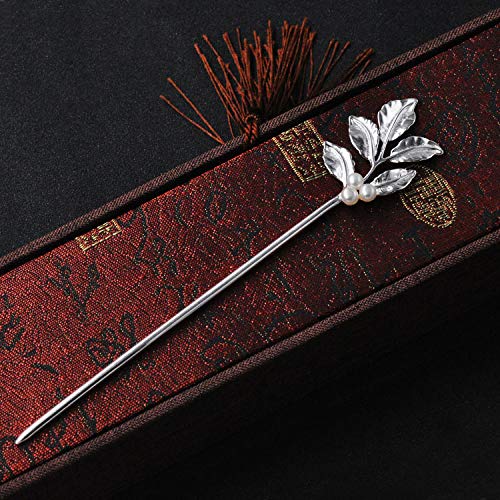 Bâton à cheveux en argent 925 avec épingle branches de feuilles