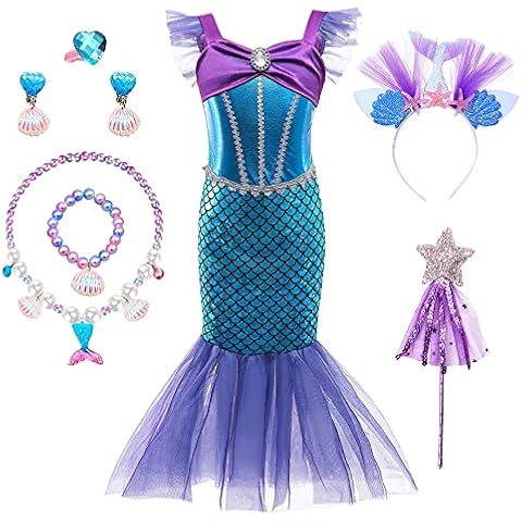 TOLOYE Mermaid Costume Kids, Princess Costumes for Girls With Mermaid Headband Necklace Set, Kids Little Mermaid Costume for Girl Gift, Princess Dress for Party Bridesmaid Cosplay Pageant (110) Cover
