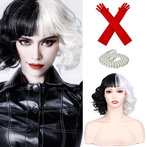 Liamiona Peluca corta y rizada en blanco y negro con flequillo Peluca de cosplay Peluca de pelo sintético resistente al calor Pelucas de moda para mujer (adulto) Cover