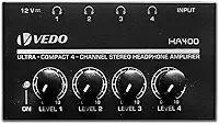 HA400 amplificador de fone de ouvido -4 canais amplificador de áudio estéreo de metal, 12V 1A, saída de fones de ouvido TRS de 1/4 "e entrada de áudio TRS para estágio de estúdio de guitarra de PC