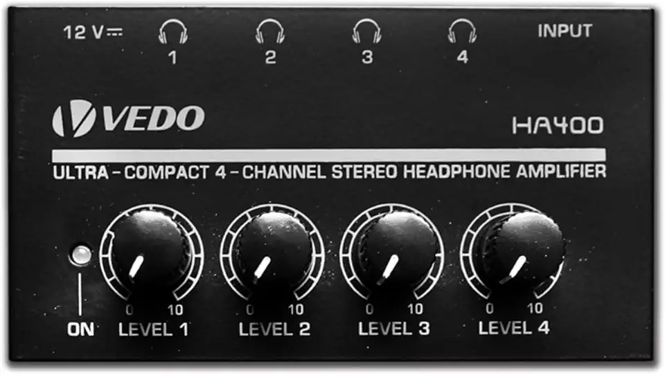 HA400 amplificador de fone de ouvido -4 canais amplificador de áudio estéreo de metal, 12V 1A, saída de fones de ouvido TRS de 1/4 "e entrada de áudio TRS para estágio de estúdio de guitarra de PC