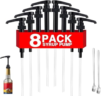 8 Packs Black Coffee Syrup Pump Dispenser, Compatible with 25.4 Oz/750ml Bottles, Great for Home & Coffee Bar Drinking Mixes, Tea, Beverage, Cocktails, Plus Spoons5.23"