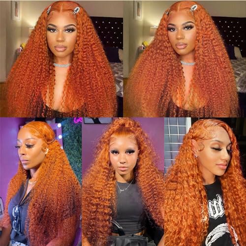 Ginger Orange Deep Wave Lace Front Wigs Human Hair Colored 13x4 HD Transparent Lace Frontal Wig Human Hair for Black Women 180% Density Glueless Curly Wigs with Baby Hair Pre Plucked 26 Inch